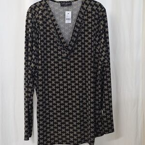 Lane Bryant 2X 18/20 Knit Black Tan Medallion Dot Long Sleeve Box Pleat Top